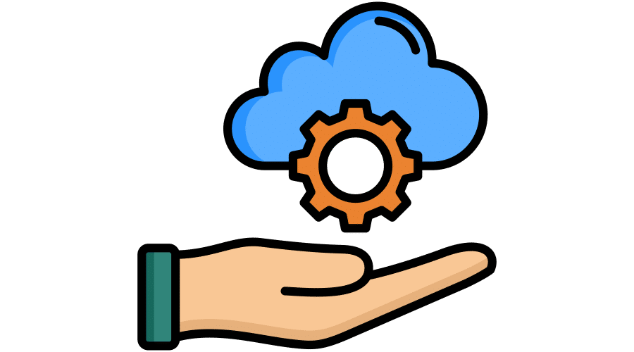 Hand holding a cog with cloud tech illustration in the background.