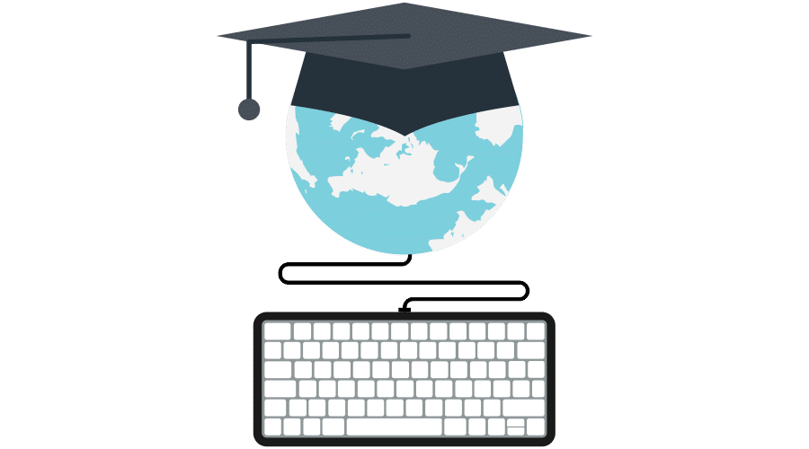 Globe with graduation hat, plugged to a keyboard.