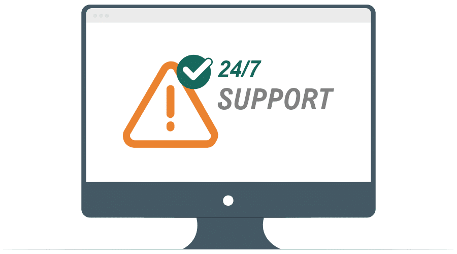 24/7 support sign on screen, illustrating managed service delivery.