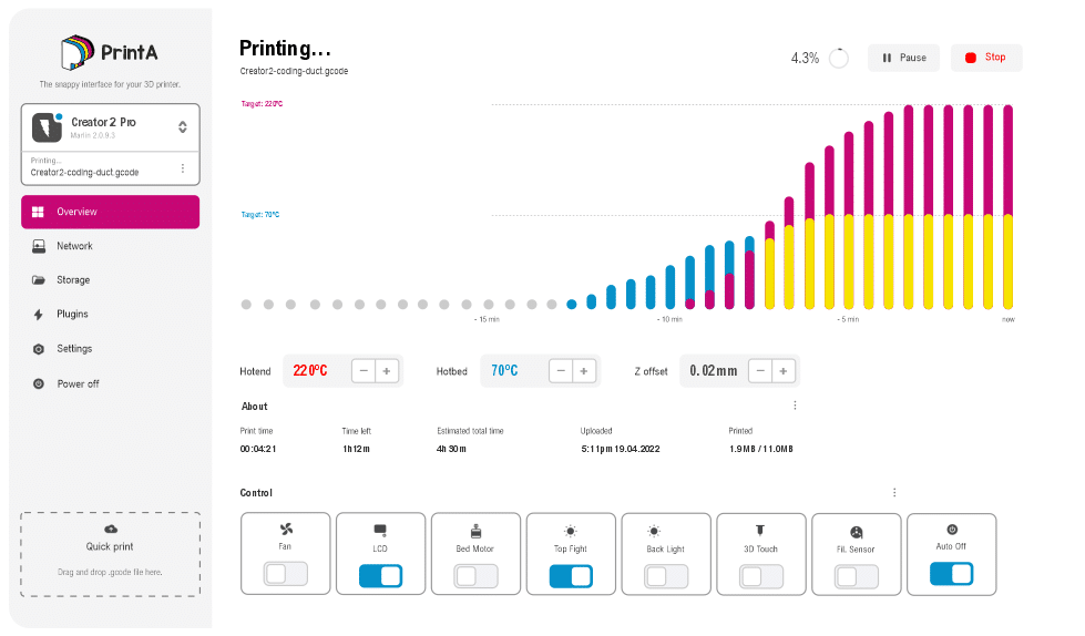 Screenshot showcasing the dashboard created for PrintA printing software by Capaciteam