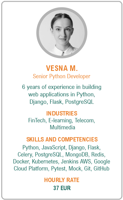 Image of senior python developer resume - Vesna M.