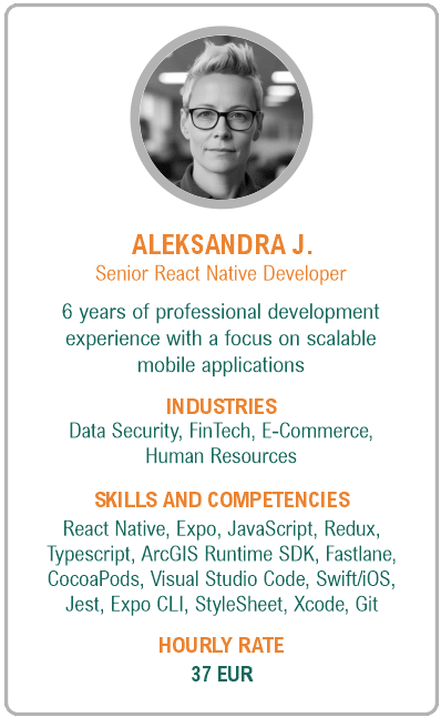Image of senior react native developer resume - Aleksandra J.