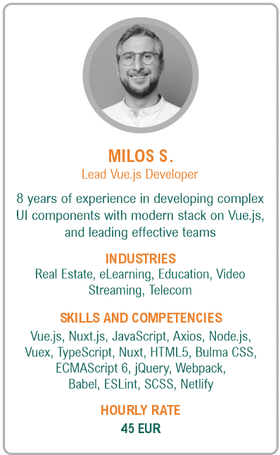 Image of lead vue.js developer resume - Milos S.