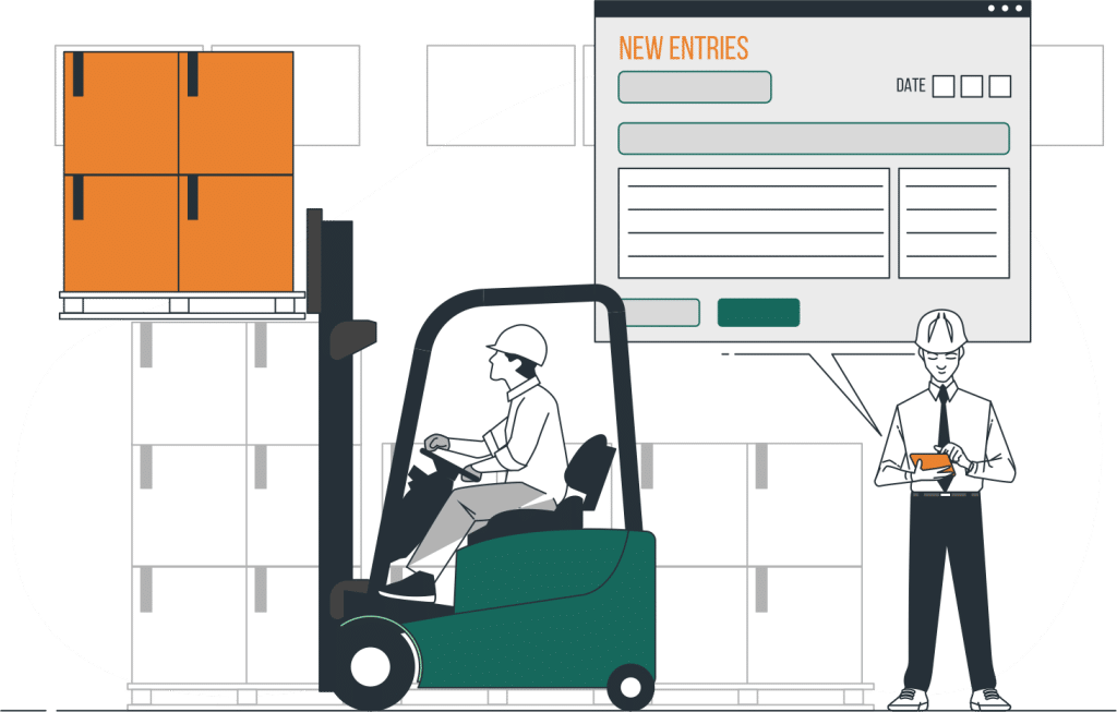 Illustration of logistics software solution in a warehouse.