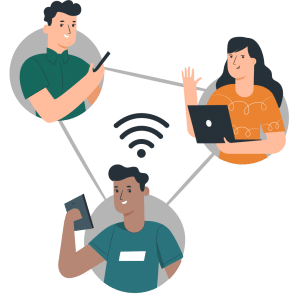 Illustration of three people connected via wireless.