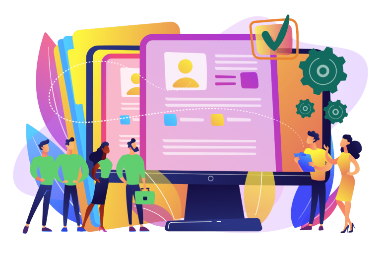 Vector image of job applicants for software developers and two team members reviewing CVs.