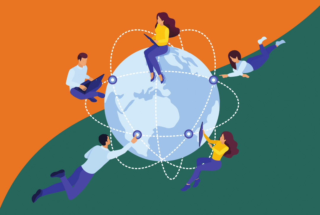 Illustration of IT specialists connecting and working from around the globe.