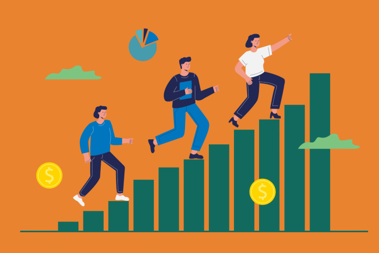 Three tech specialists climbing a growth graph that symbolises the highest paying tech jobs today.