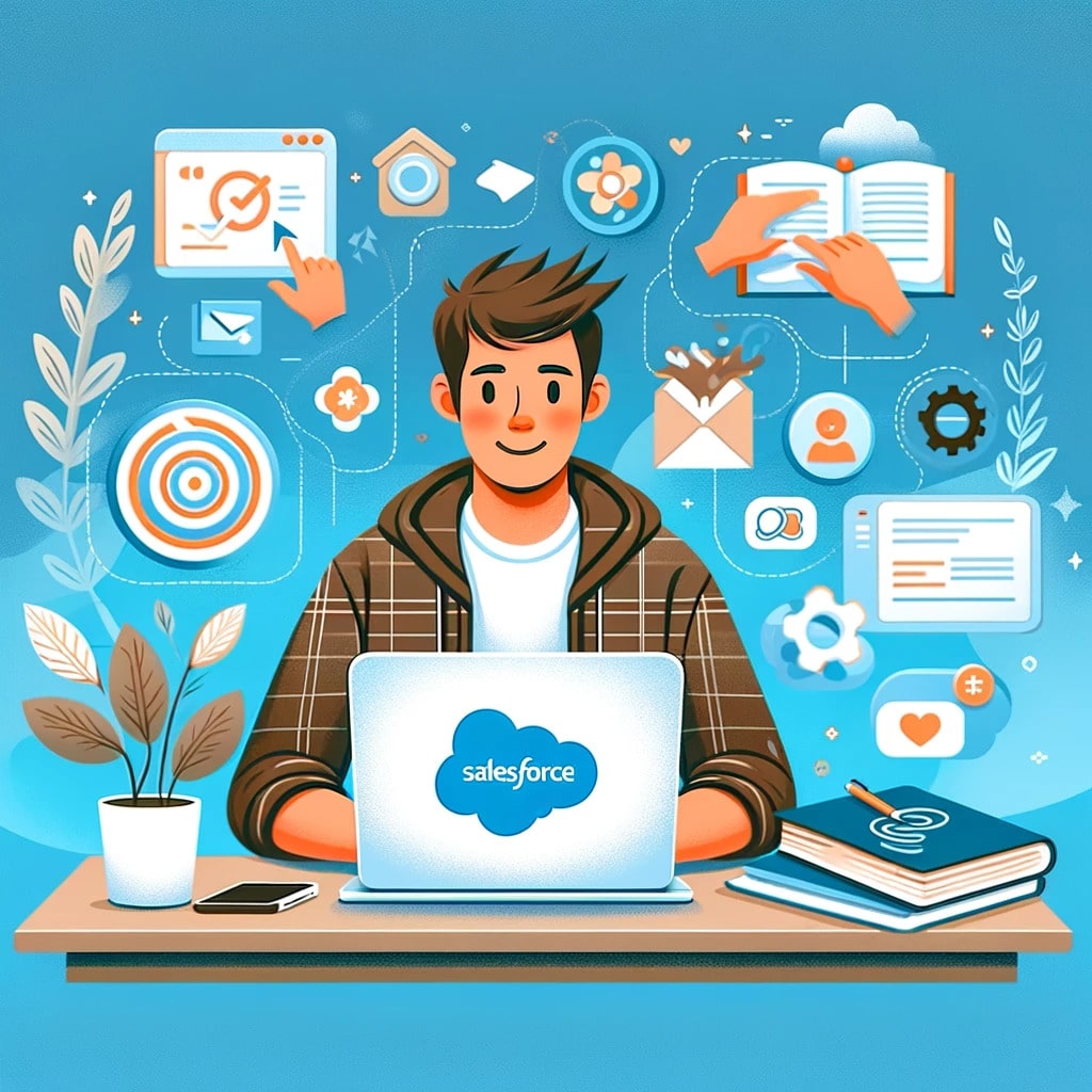 Vector image of young man learning to become a Salesforce developer.