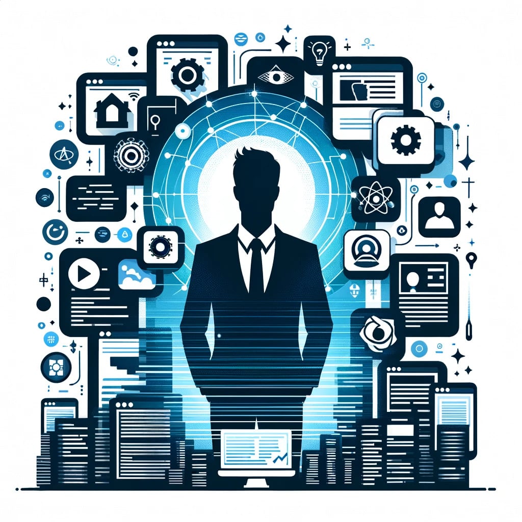 Silhouette of full stack developer, surrounded by various tech elements and interfaces.