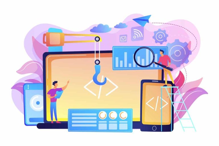 Vector image of JavaScript developers building a web application.