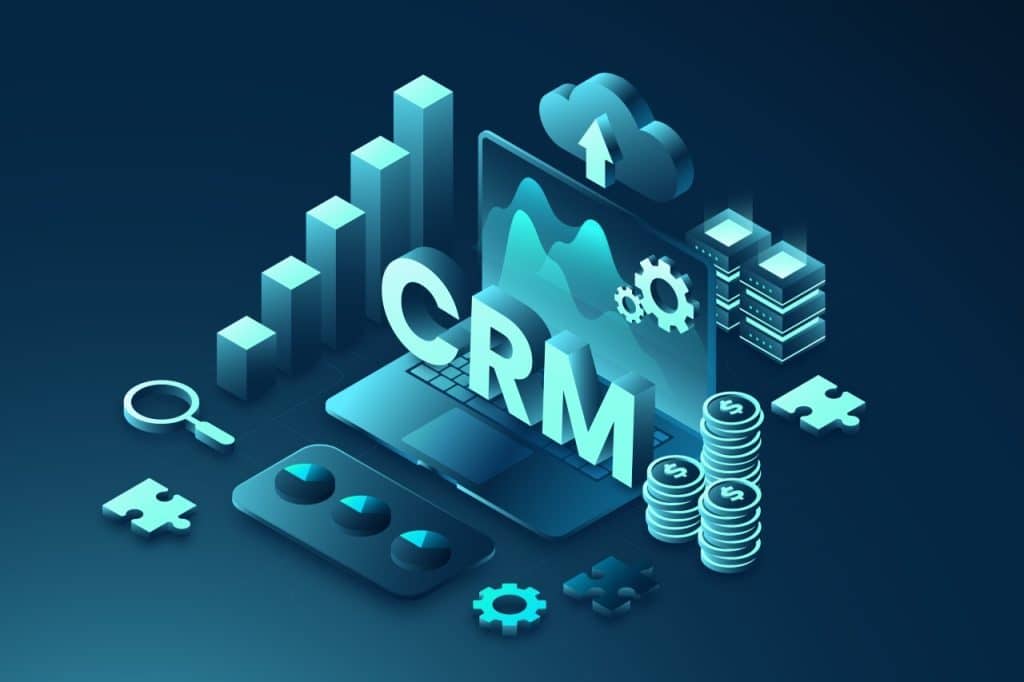 Illustration of CRM software and all the elements it includes.
