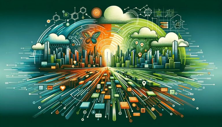 Futuristic city landscape with numerous digital transfromation elements and metrics in the colors of Capaciteam.