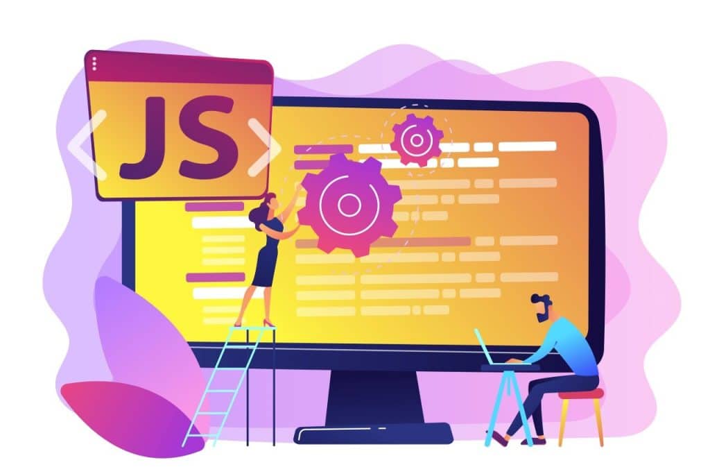 Vector image of people working on functional programming in JavaScript.