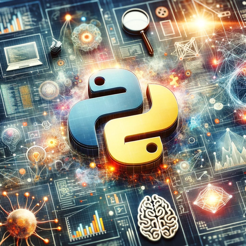 Vector image of Python logo on a motherboard with various Python libraries for machine learning.