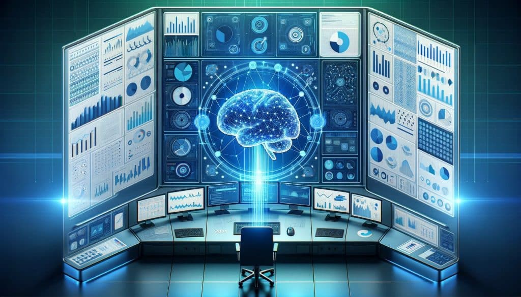 An illustration depicting Predictive AI - a digital brain in a control center environment, surrounded by screens and monitors 