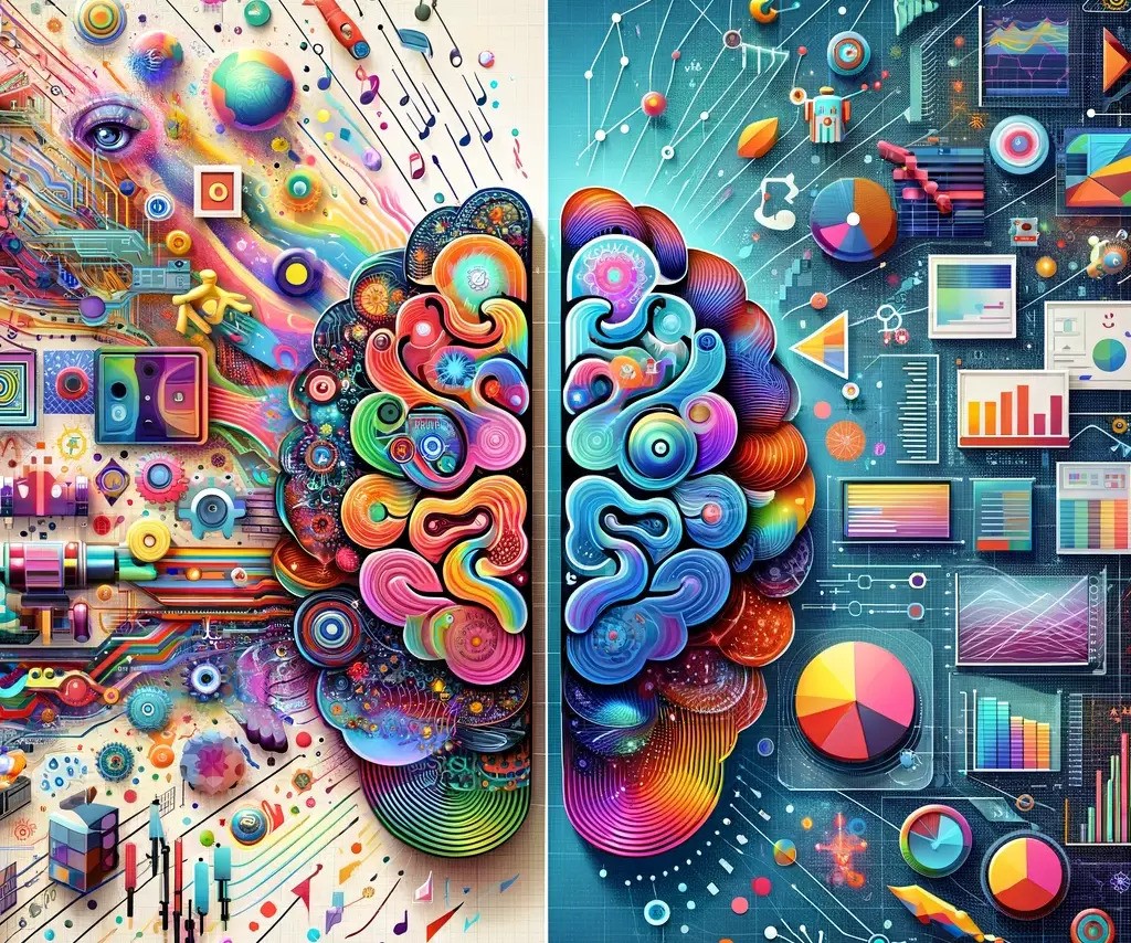 A split image illustration showcasing a Generative AI brain on the right vs a Predictive AI brain on the left