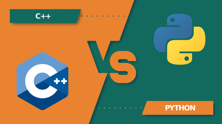 Comparison image, with C++ logo on the left side and the Python logo on the right side.