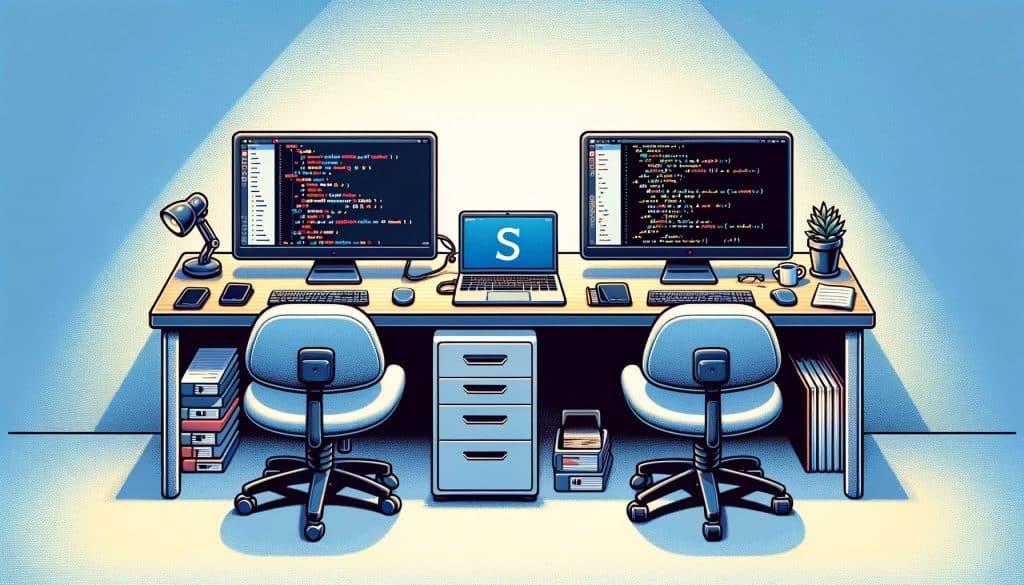 A straightforward illustration featuring two side-by-side desks, each representing a programming language, Scala vs Java