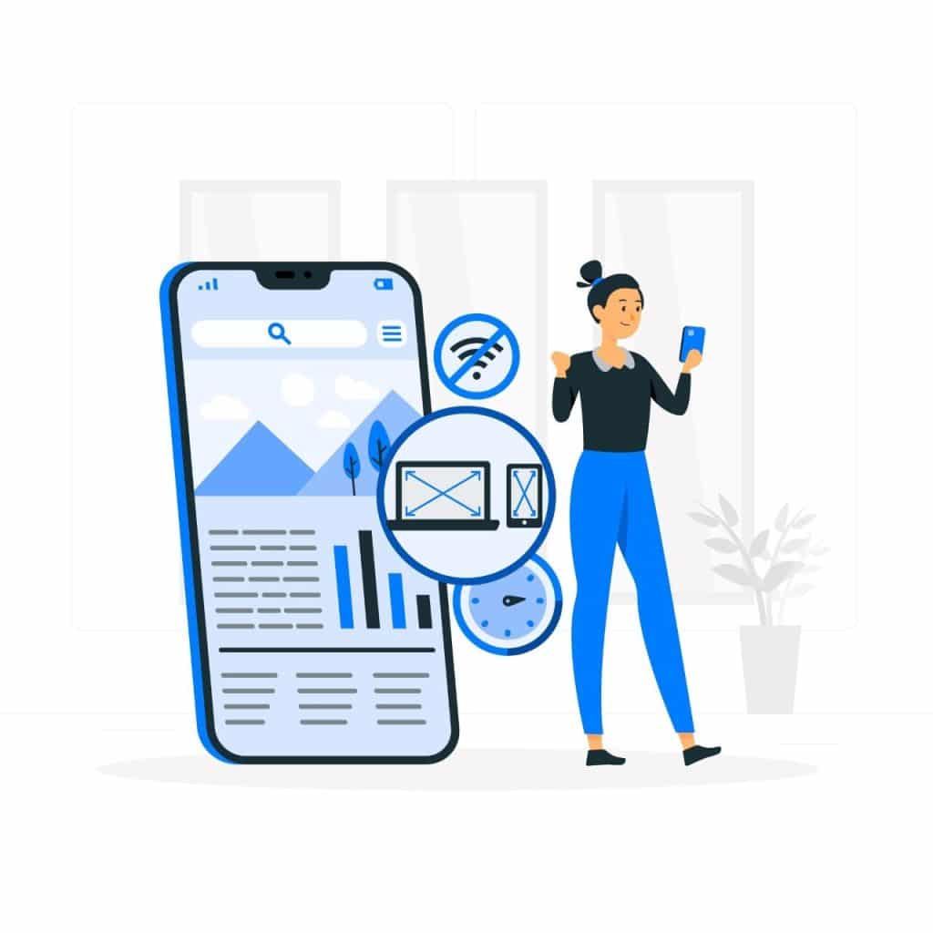An illustration of a phone and a person using a phone 