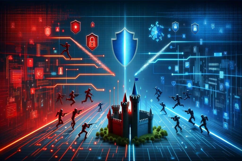 An image representing the dynamic between cybersecurity's red team vs blue team, showcasing a stylistic interpretation of a digital battlefield. 