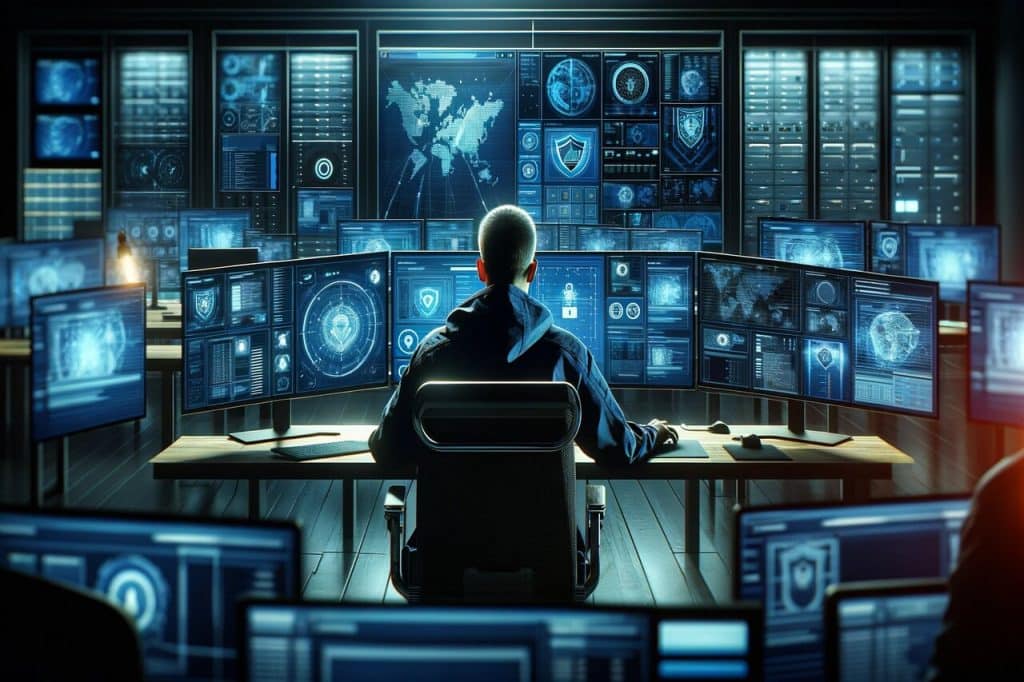 An image visualizing blue team member of cybersecurity team surrounded by computers
