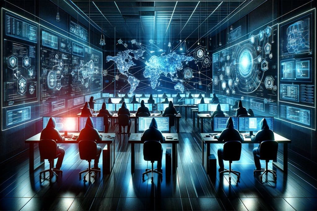 An illustration that vividly depicts a cybersecurity red team planning and executing a simulated cyber attack.