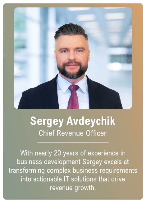 Image of Sergey Avdeychik - Capaciteam's Chief Revenue Office (green/orange background)