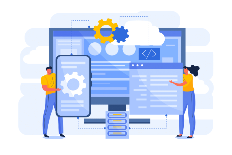 Illustration of two developers exploring different software design patterns.