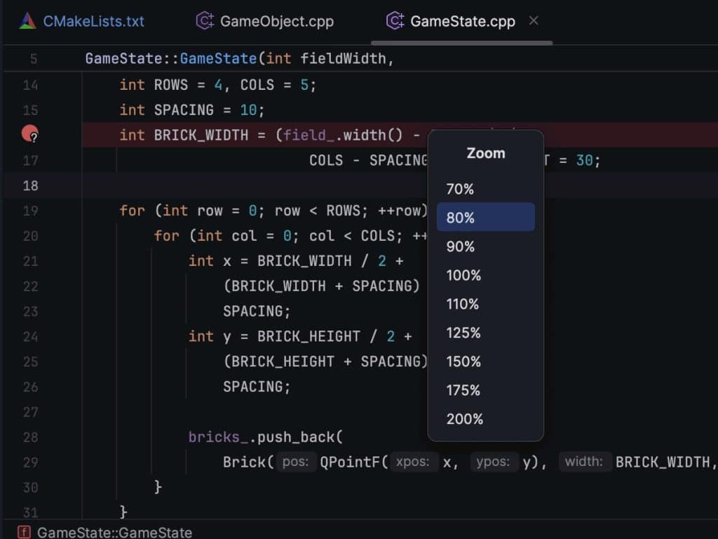 A screenshot of CLion, one of the C++ IDEs.