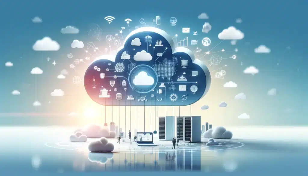 A digital image depicting cloud computing as one of the flexible and scalable IT services for cost reduction