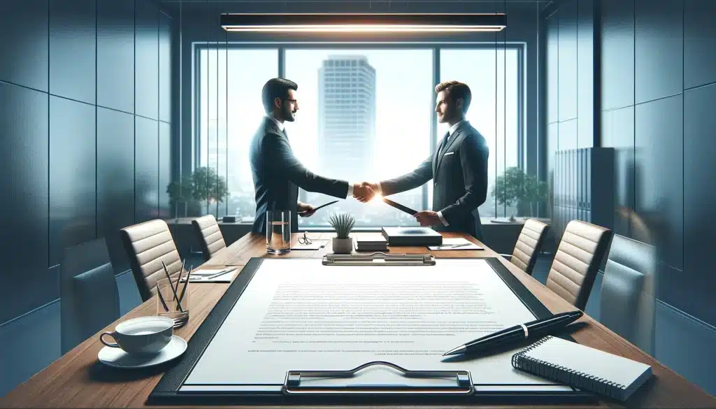An illustration of two businessmen shaking hands, renegotiating vendor contracts