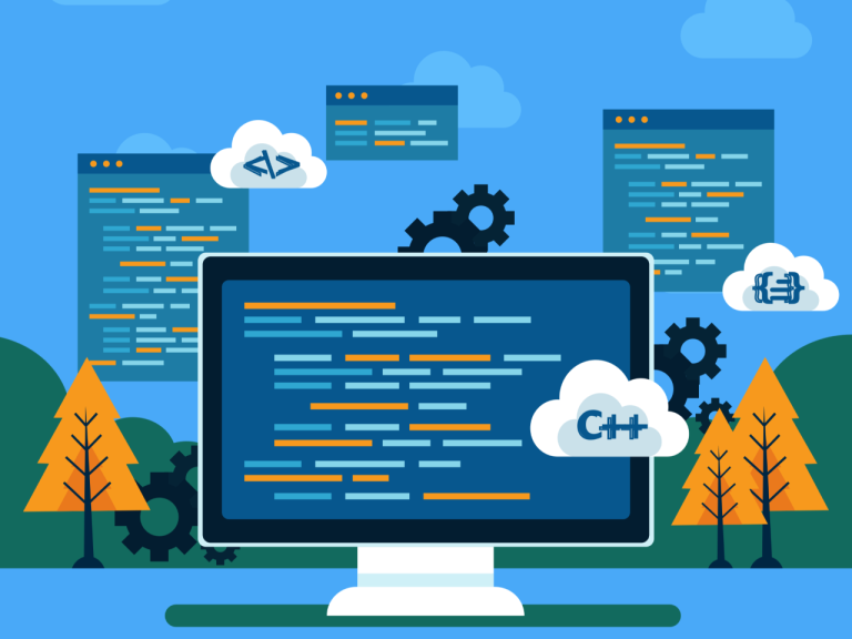 Different screens with code, showcasing C++ IDEs.