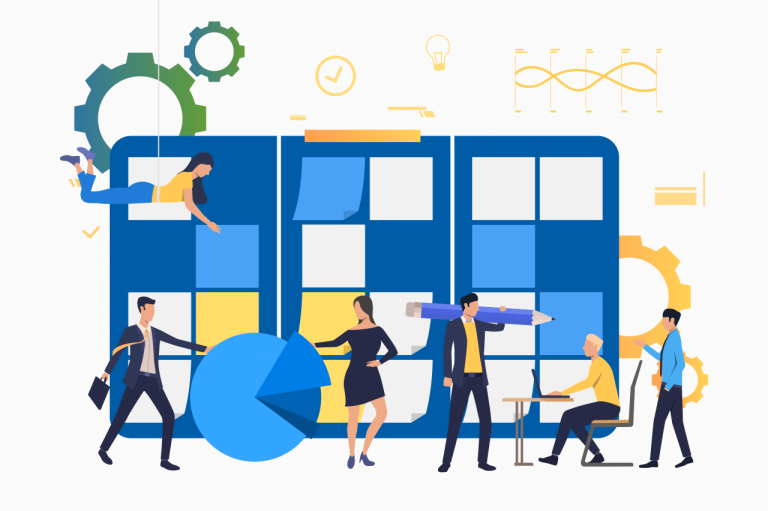Vector image of project managers working on organisational ideas.