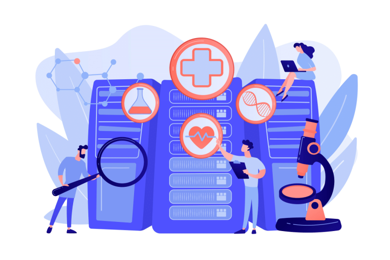 Team of IT experts exploring data science in healthcare industry.