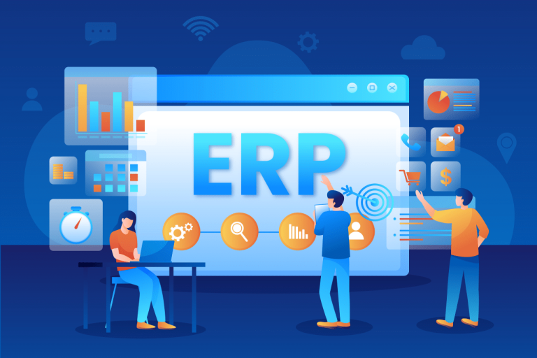 Team of people working on ERP software development.