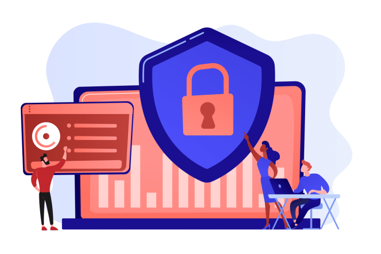 Man in a red shirt trying to hack a system and two people in blue shirts trying to prevent the breach.