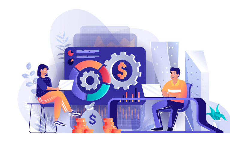 Vector image showing two IT experts with laptops, working on cost reduction solutions.