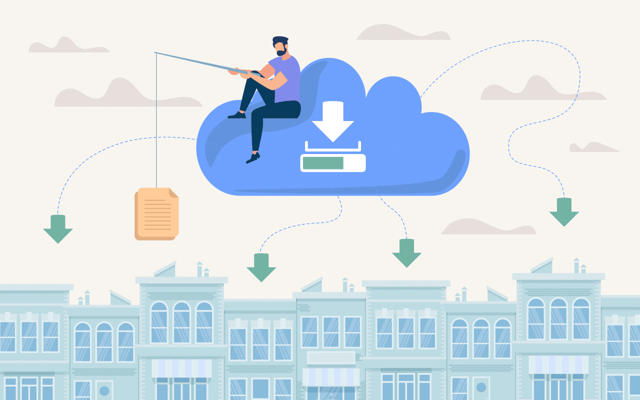Illustration of man sitting on a cloud and distributing data to different locations.