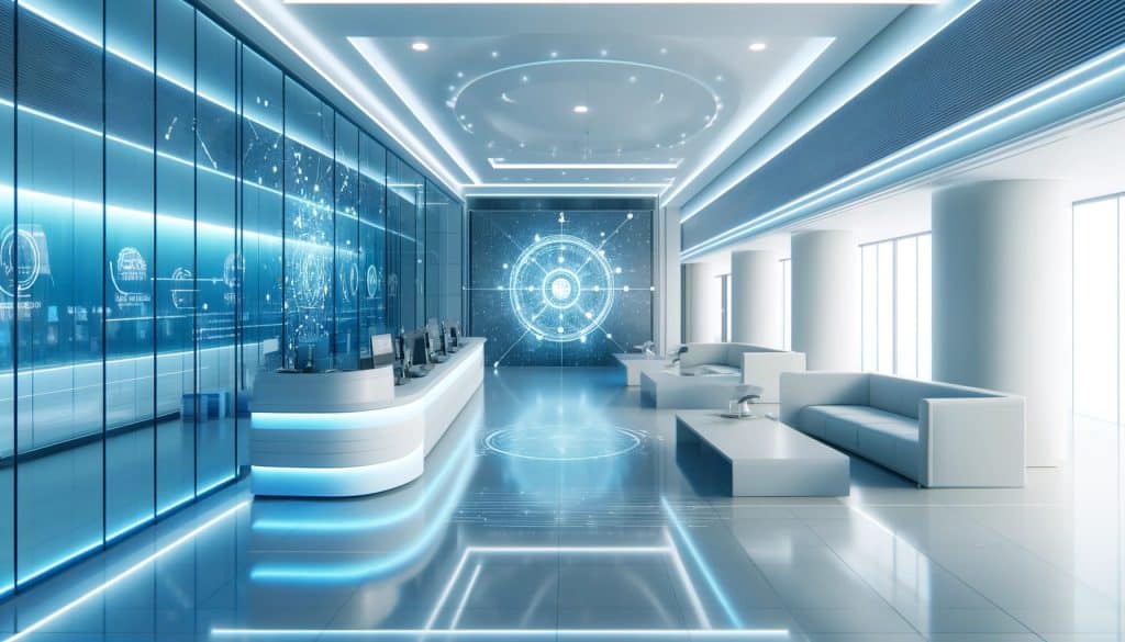 A futuristic bank lobby showcasing a seamless blend of minimalist design and advanced Internet of Things (IoT) technology. 