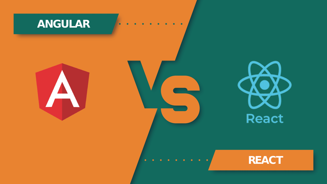 Comparison image, with Angular logo on the left side and the React logo on the right side.