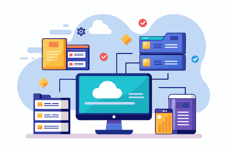 Vector image of screen connected with cloud servers, defining serverless architecture.