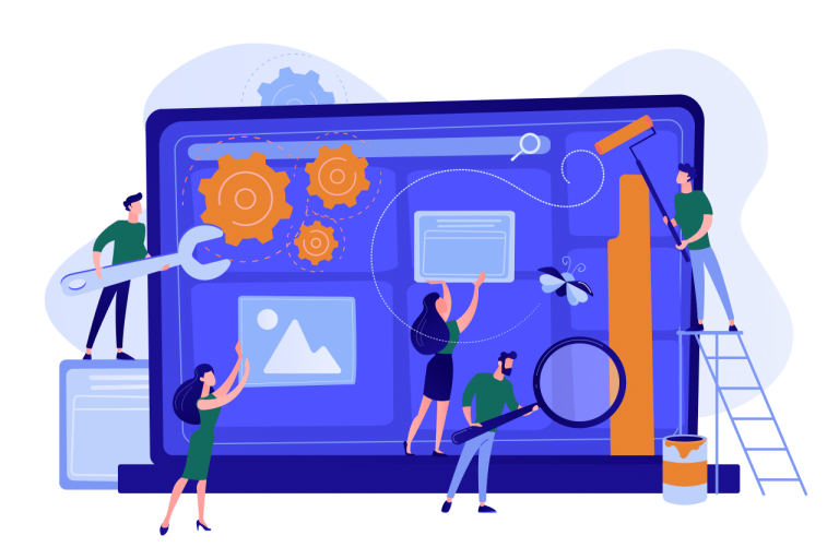 Vector image of remote IT support team working on a website.